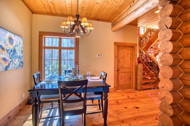 dining room featuring hardwood / wood-style flooring, wooden ceiling, a notable chandelier, stairs, and beam ceiling