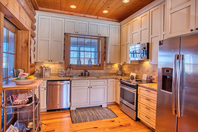 kitchen featuring decorative backsplash, appliances with stainless steel finishes, wood ceiling, a sink, and light wood-type flooring