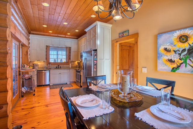 dining area featuring light wood-style floors, recessed lighting, wood ceiling, and a chandelier