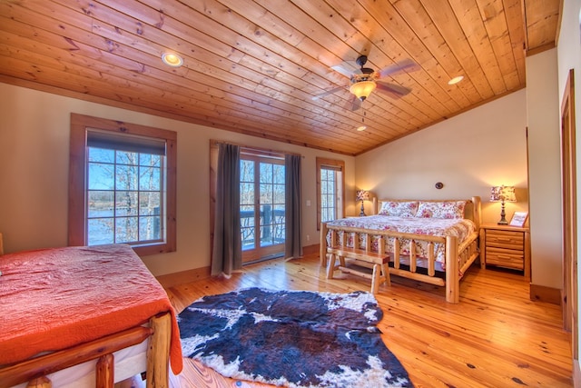 bedroom with wooden ceiling, recessed lighting, light wood-style floors, vaulted ceiling, and access to outside