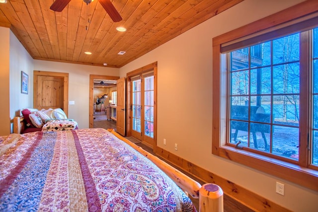 bedroom featuring french doors, recessed lighting, wood finished floors, wooden ceiling, and baseboards