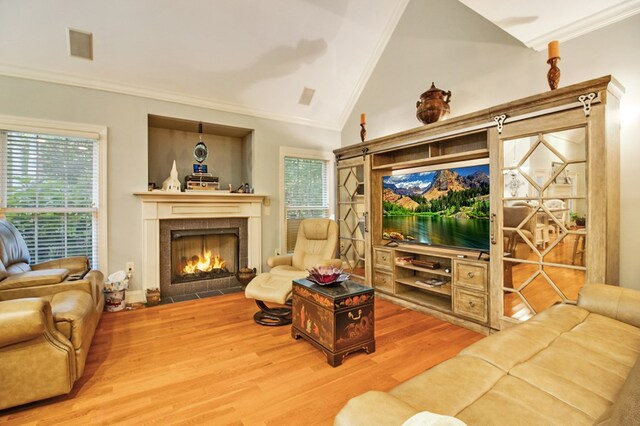 interior space with lofted ceiling, a fireplace, ornamental molding, and wood finished floors