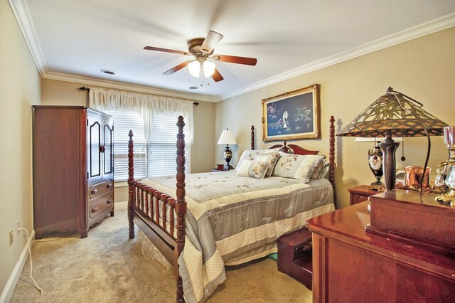 bedroom featuring baseboards, ceiling fan, ornamental molding, and light colored carpet