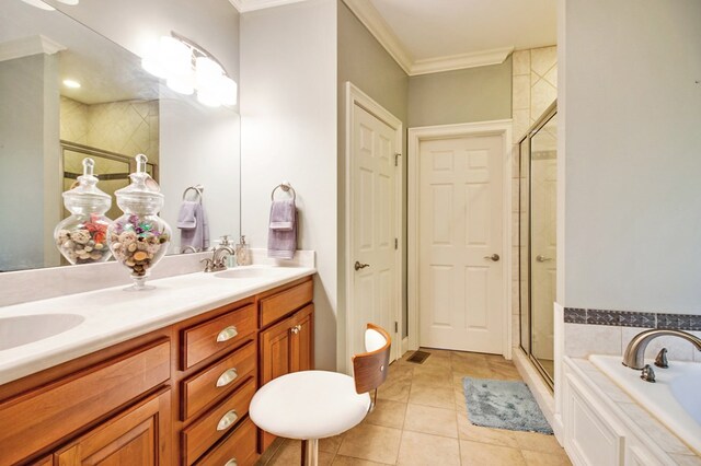 bathroom featuring a bathtub, double vanity, ornamental molding, a sink, and a shower stall