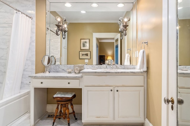 full bathroom with recessed lighting, shower / bathtub combination with curtain, crown molding, and vanity