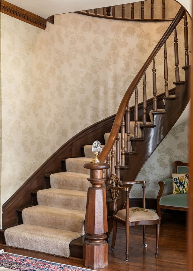 stairs with wood finished floors, wainscoting, and wallpapered walls