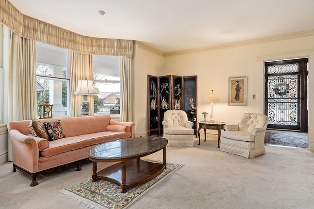 living room with carpet and ornamental molding