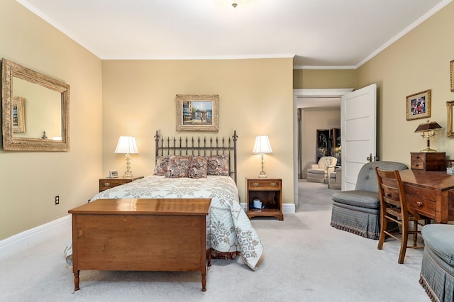 bedroom with light carpet, crown molding, and baseboards