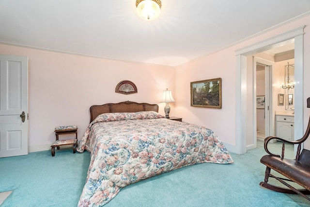 carpeted bedroom featuring baseboards and crown molding