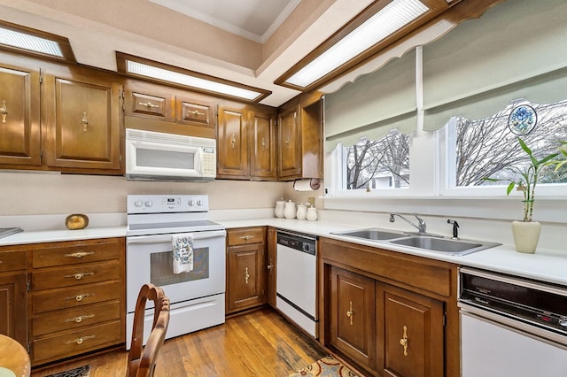 kitchen featuring crown molding, light countertops, brown cabinetry, a sink, and white appliances