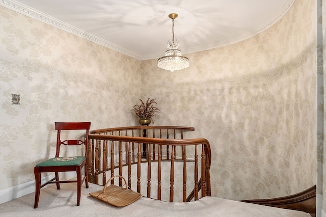 stairway featuring carpet, crown molding, an inviting chandelier, and wallpapered walls