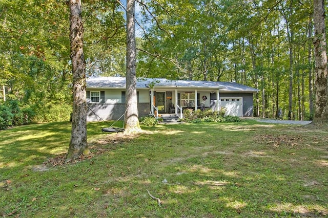 ranch-style house with a porch, a front yard, and an attached garage