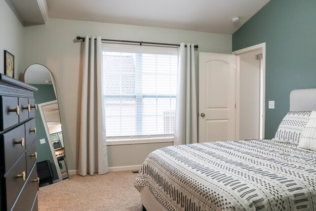 bedroom featuring light carpet, multiple windows, and baseboards