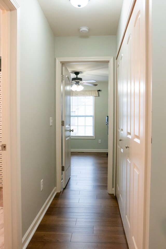 corridor with baseboards and dark wood finished floors