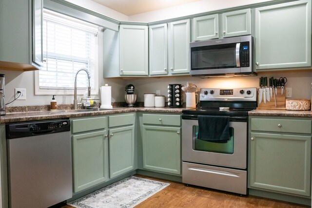 kitchen featuring green cabinetry, stainless steel appliances, and a sink