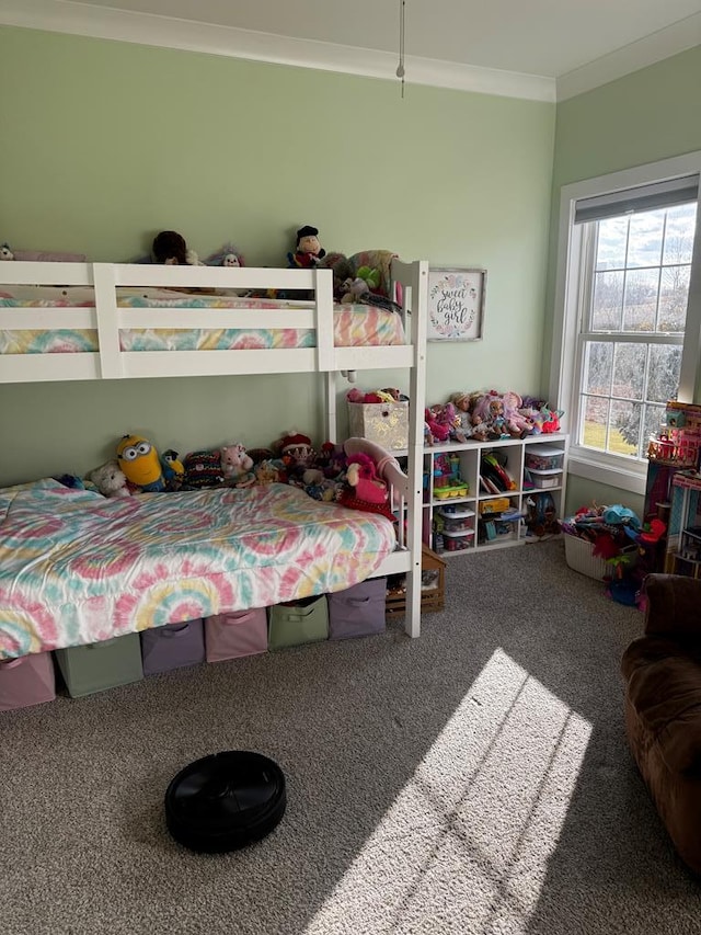 carpeted bedroom with ornamental molding