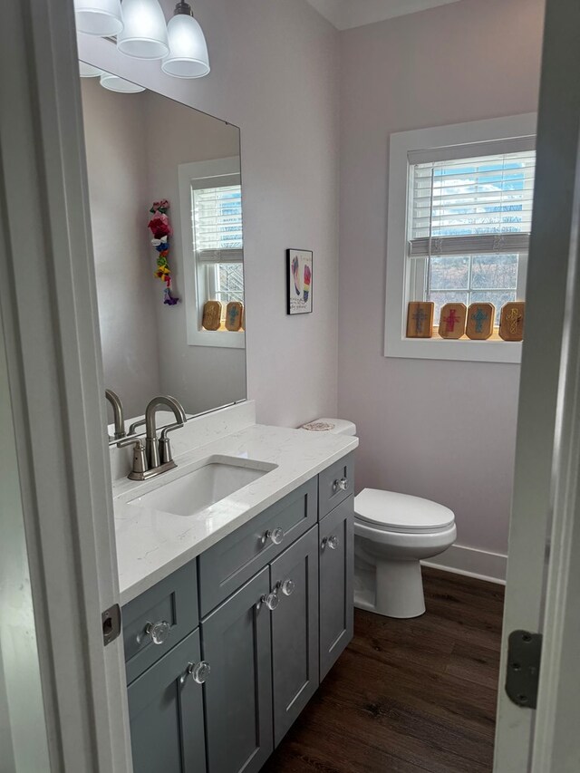 bathroom with baseboards, vanity, toilet, and wood finished floors