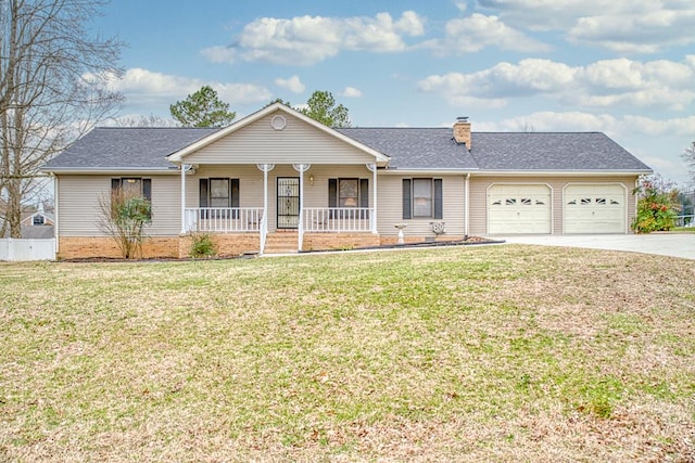 ranch-style house with concrete driveway, a front lawn, a chimney, and an attached garage