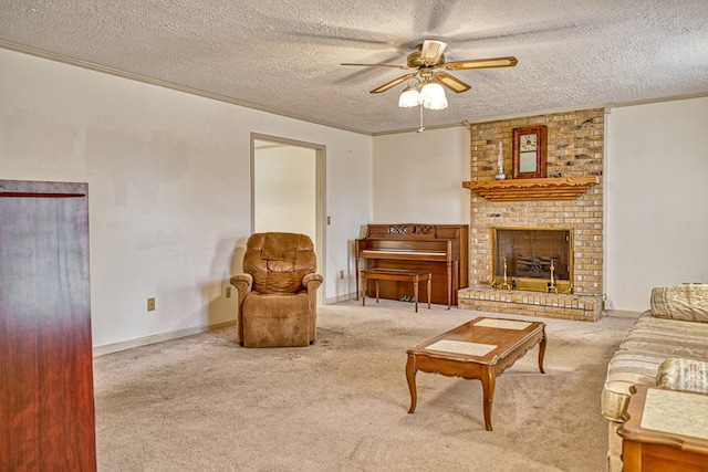 carpeted living room with ornamental molding, a fireplace, a textured ceiling, and ceiling fan