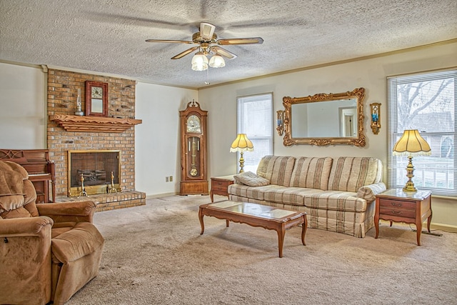 living room featuring a textured ceiling, ornamental molding, a brick fireplace, and carpet flooring