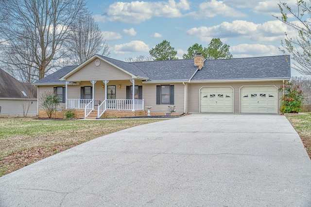 single story home with a chimney, a porch, an attached garage, driveway, and a front lawn