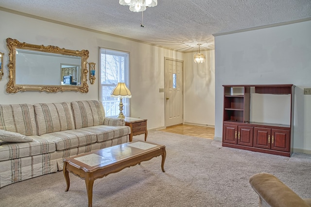 living room with carpet, crown molding, a textured ceiling, and baseboards