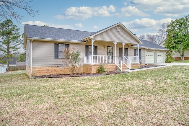 ranch-style house featuring covered porch, concrete driveway, a front yard, and a garage