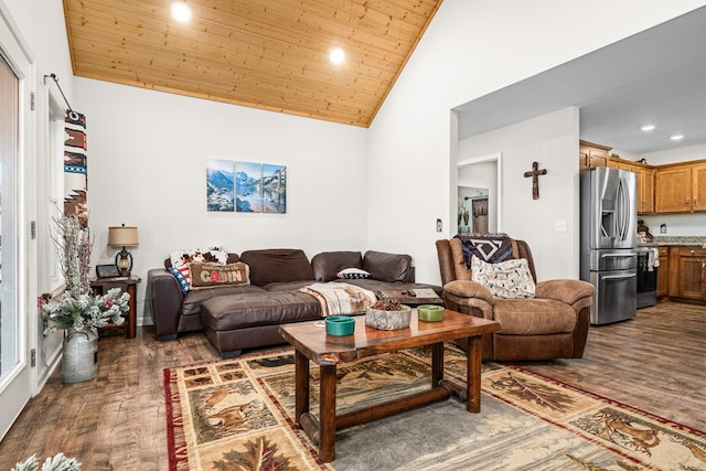 living area with high vaulted ceiling, dark wood-type flooring, wood ceiling, and recessed lighting