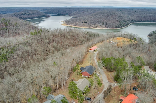 drone / aerial view featuring a water view and a forest view