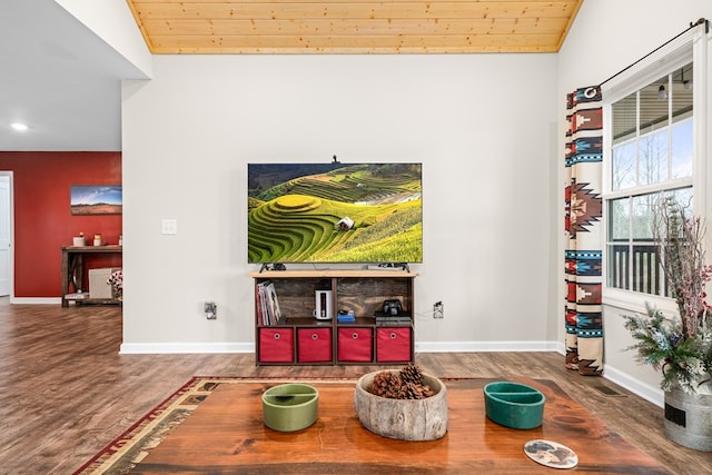 living area featuring dark wood-style floors, vaulted ceiling, wooden ceiling, and baseboards