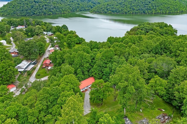 aerial view with a water view and a forest view