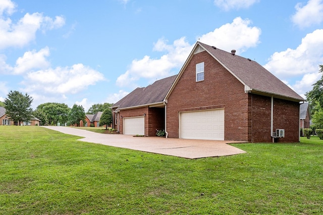 view of home's exterior with a garage, concrete driveway, brick siding, and a lawn