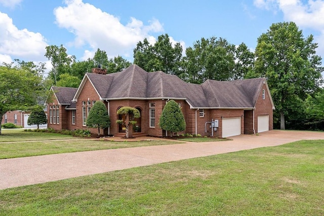 view of front of house featuring a shingled roof, concrete driveway, a chimney, a front lawn, and brick siding