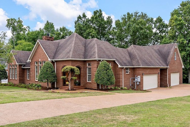 view of front facade featuring brick siding, driveway, a chimney, and a front lawn