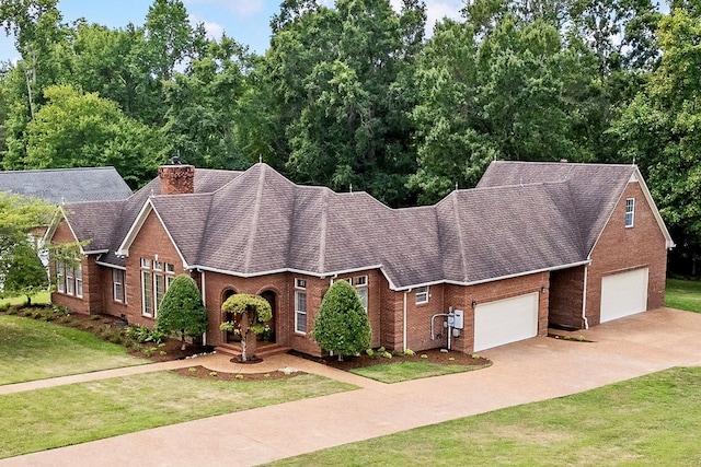 view of front of home featuring brick siding, a chimney, and a front yard