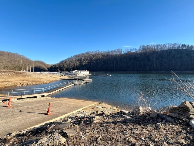 view of dock featuring a water view and a forest view