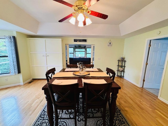 dining room with light wood-type flooring, plenty of natural light, and a raised ceiling