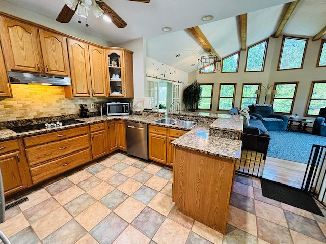 kitchen with stainless steel appliances, open floor plan, a sink, a peninsula, and under cabinet range hood