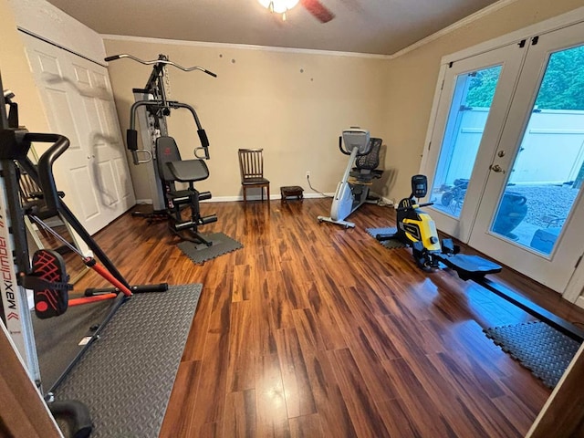 exercise room with ornamental molding, french doors, dark wood finished floors, and baseboards