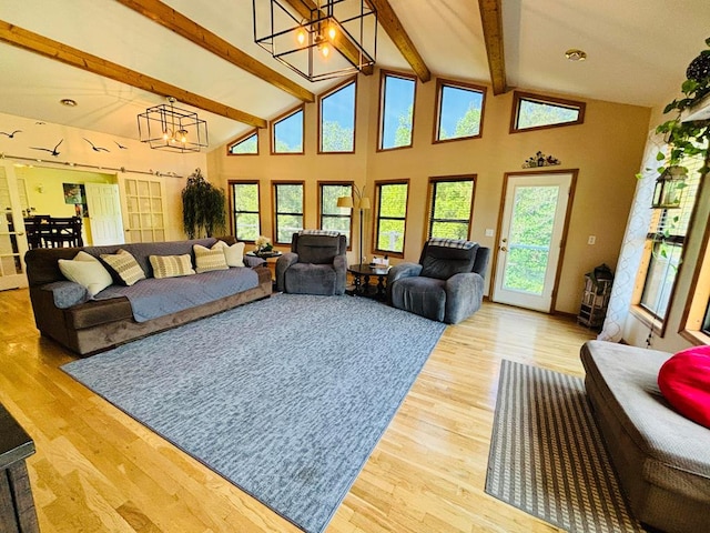 living room with a healthy amount of sunlight, a notable chandelier, and wood finished floors