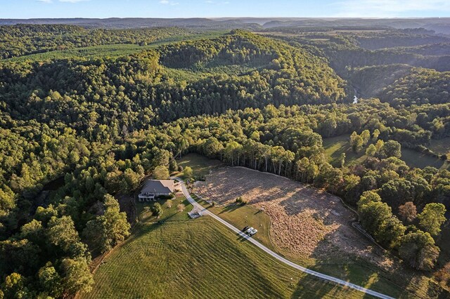 aerial view featuring a wooded view