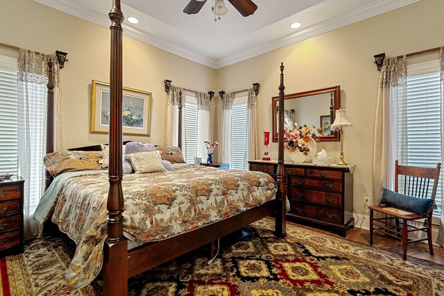 bedroom with ornamental molding, a ceiling fan, and recessed lighting