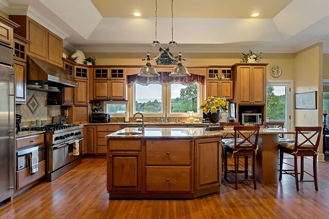 kitchen featuring a kitchen island with sink, stainless steel appliances, and a raised ceiling