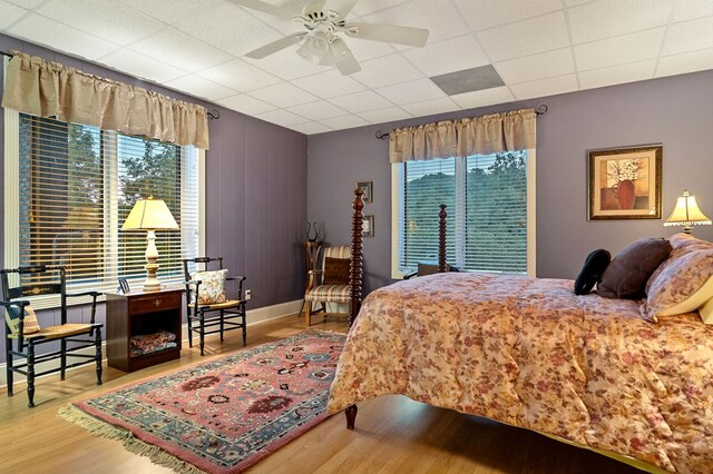 bedroom featuring a drop ceiling, wood finished floors, and baseboards