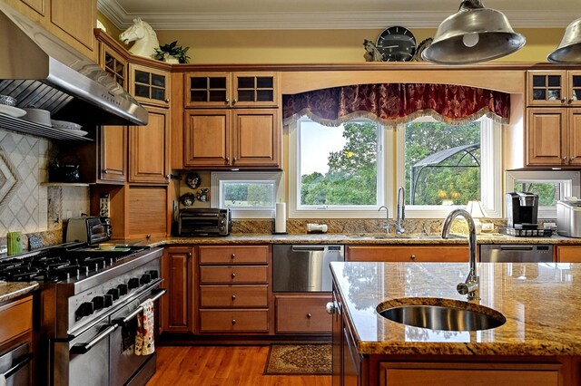 kitchen featuring stainless steel appliances, glass insert cabinets, a sink, light stone countertops, and under cabinet range hood