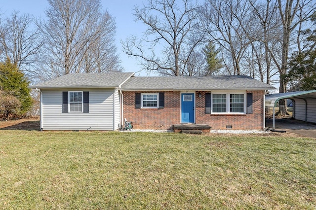 single story home with brick siding, a front lawn, crawl space, and a detached carport