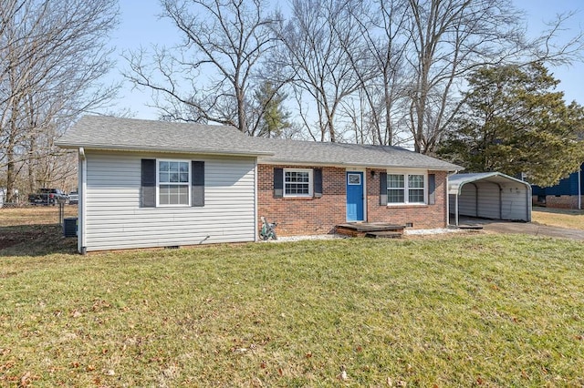 single story home featuring a detached carport, brick siding, and a front lawn