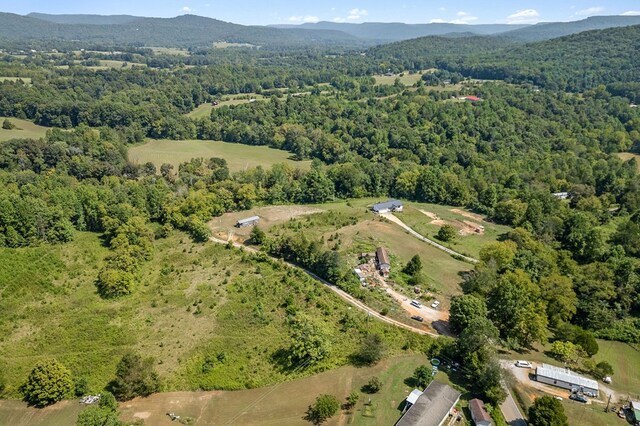 aerial view featuring a view of trees and a mountain view