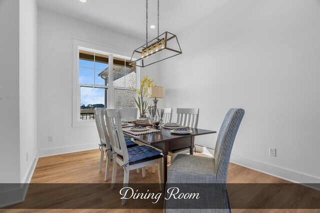 dining room with baseboards, wood finished floors, and recessed lighting