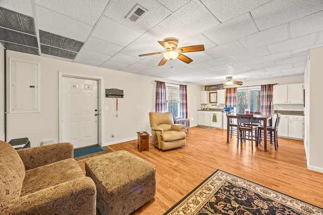 living area with ceiling fan, a wealth of natural light, light wood finished floors, and electric panel